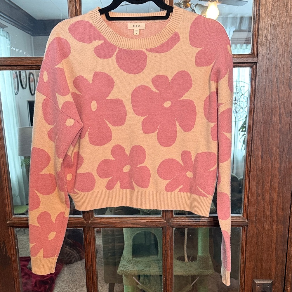 Debut Women Pink Floral Crew Neck Knit Sweater Cropped Boxy Retro Size M